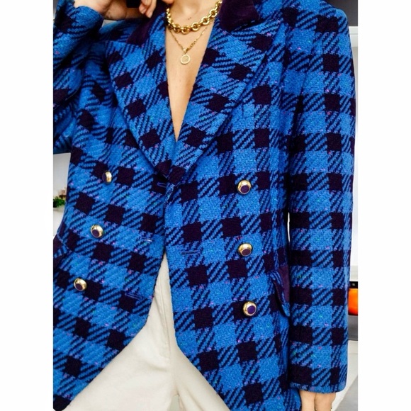VTG Escada by Margaretha Ley Blue Checked Flecked Wool Double Breasted Blazer 10 - Picture 14 of 14